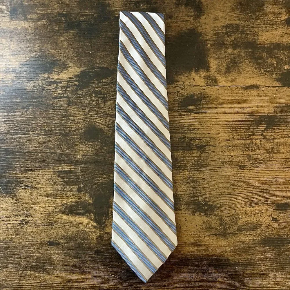 Pronto Uomo Men’s 100% Silk Necktie Silver Gray Blue Stripe Formal Tie
